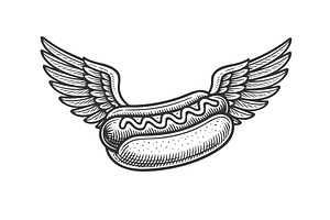 Flying Hot Dog with Wings engraving, a Food Illustration by AlexArt