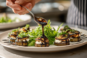 Balsamic Glaze Drizzled over Eggplan, a Photo by Pixeness Studio