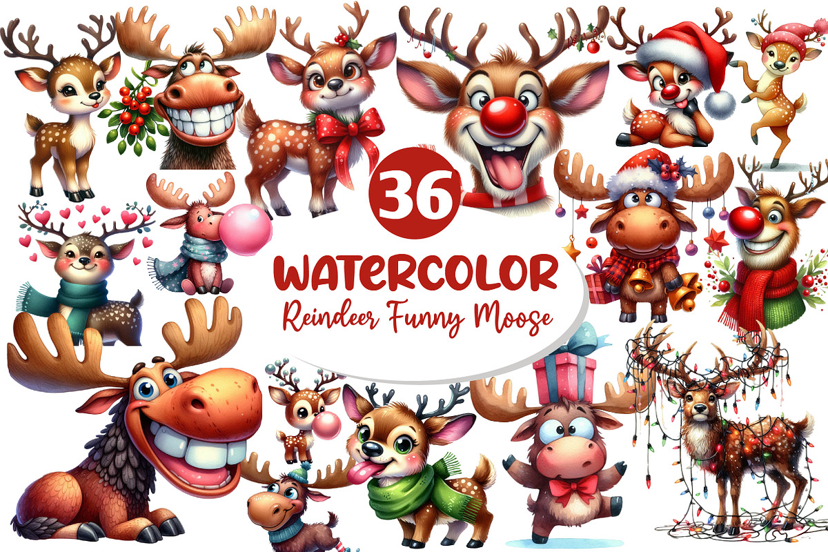 Quirky Reindeer Funny Moose Clipart, an Illustration by Dream Creation (Photo 1 of 7)