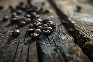 Heap of coffee beans on wooden table, a Food & Drink Photo by AlyaAnd