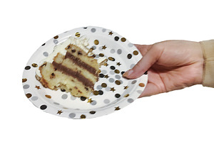 Isolated image of a hand holding a plastic plate with a piece of, a Food & Drink Photo by DanFLCreativo