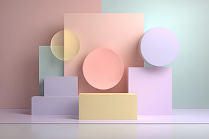 Minimalist arrangement of pastel-colored geometric shapes on sof, an Abstract Photo by Ales Munt