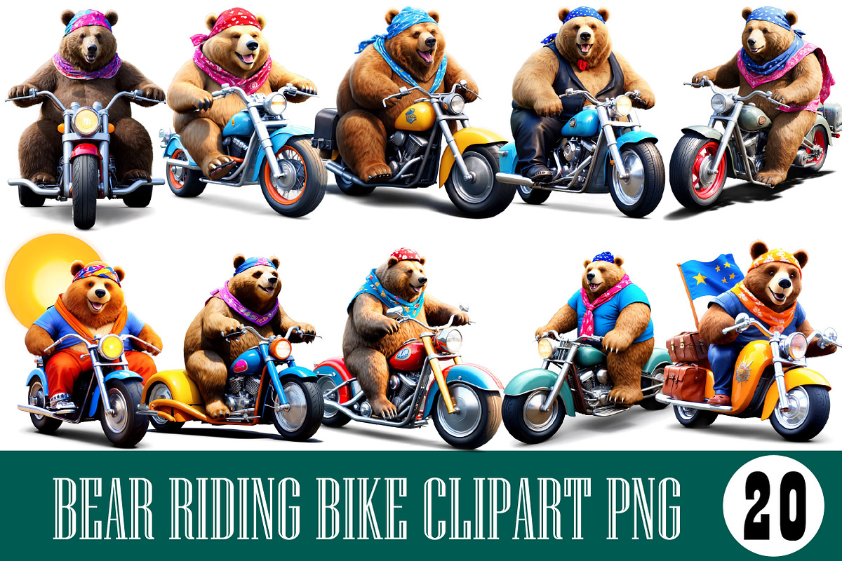 Bear Riding Bike Clipart PNG Bundle, an Illustration by Wow Magic
