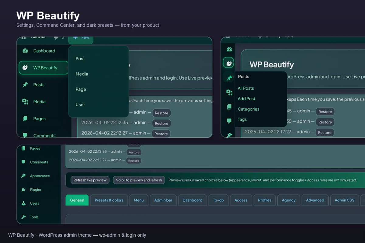 Beautify Admin Modern WP Dashboard, a WordPress Template by CoderBoys (Photo 2 of 3)