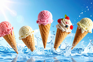 Colorful Ice Cream Cones Splashing in Water, a Food & Drink Photo by Davizro's Market