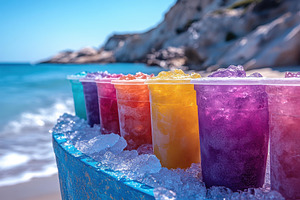 Colorful drinks in icy cups set agai, a Photo by Tanuart