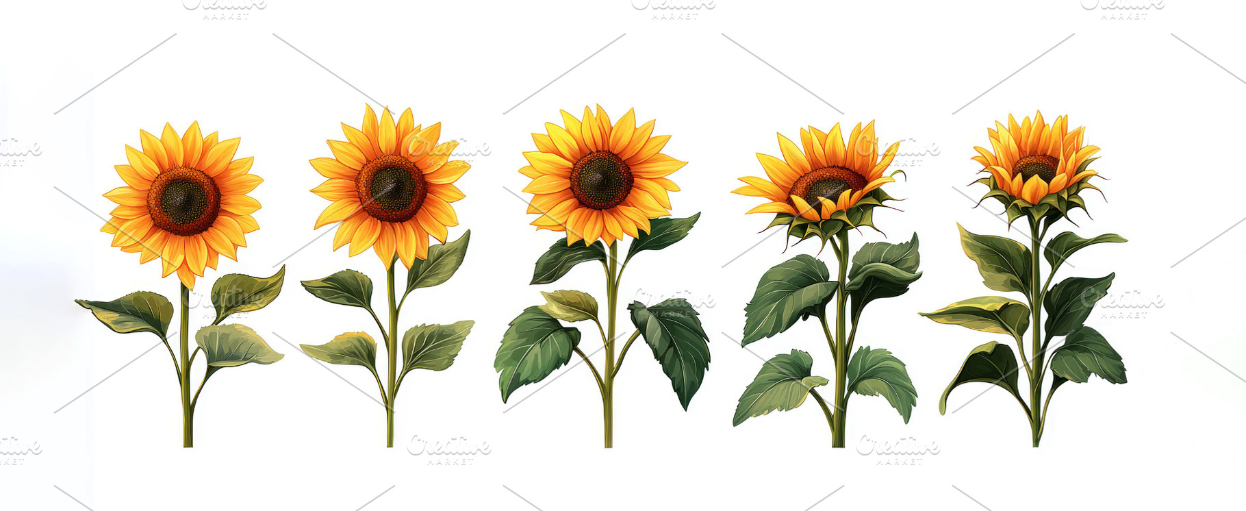 Set of illustrated sunflowers at various blooming stages with de, a Nature Photo by José Manuel Gelpi