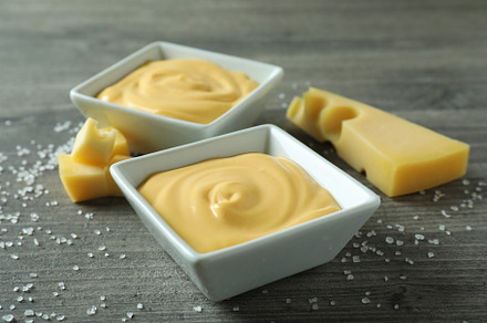 Bowls with cheese sauce, cheese and salt on gray textured table, a Food & Drink Photo by AtlasStudio PRO