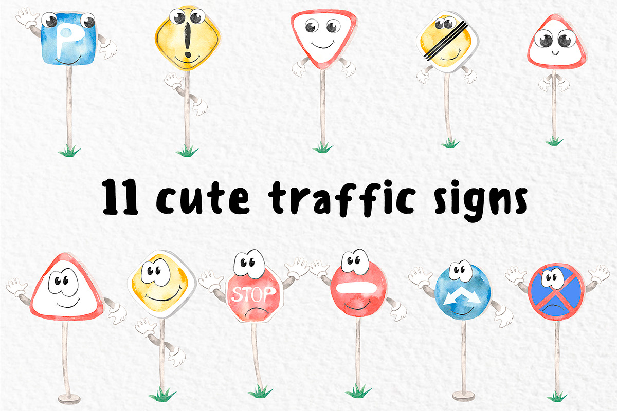 Cute traffic signs. Watercolor set., an Illustration by Marina Ermakova