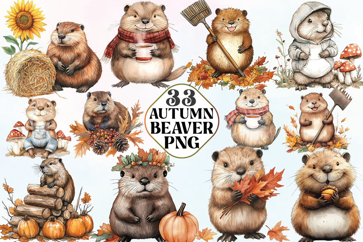 Watercolor Autumn Cute Beaver, an Illustration by CraftArtStudio (Photo 1 of 6)