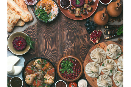 Georgian cuisine on wood table,top, a Food & Drink Photo by Fascinadora