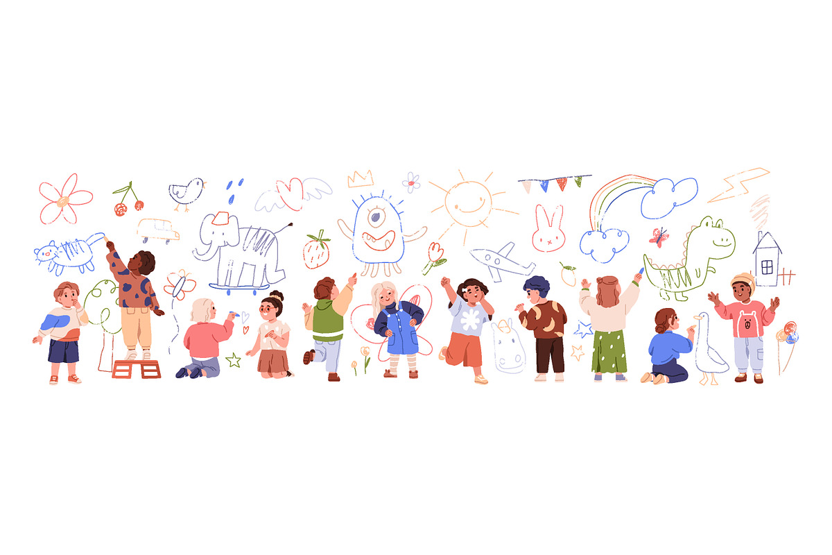 Cute kids drawing scribbles on wall, a Person Illustration by Good Studio (Photo 2 of 4)