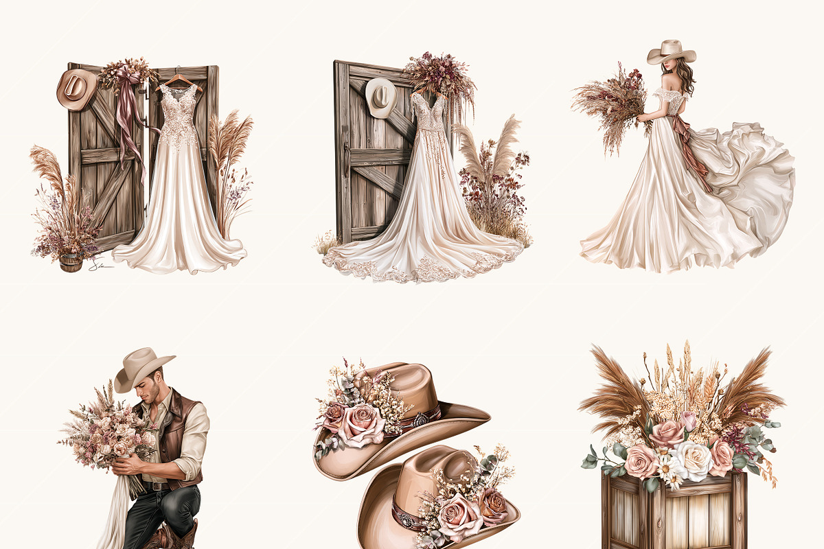 Boho Western Wedding Clipart Bundle, a Person Illustration by BusyDaydesign (Photo 6 of 9)