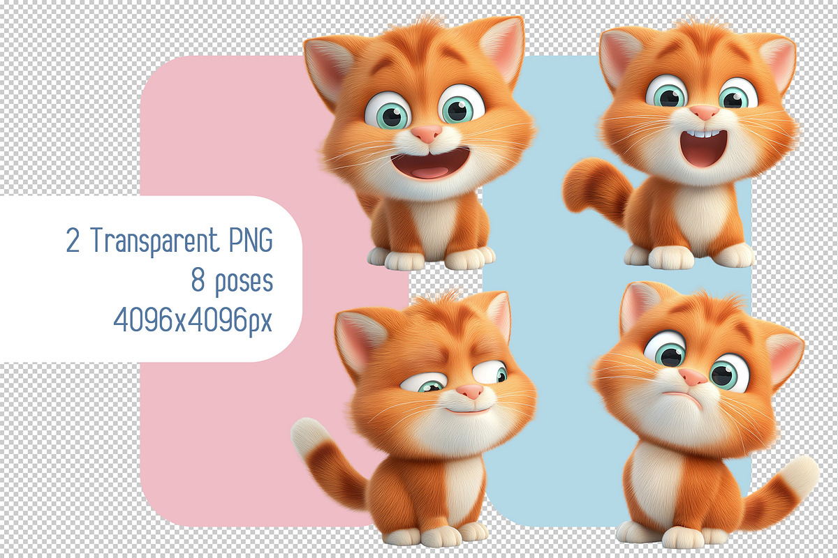Set of 3d Cartoon Orange Kittens PNG, an Animal Illustration by Ocean Digital Art (Photo 1 of 2)