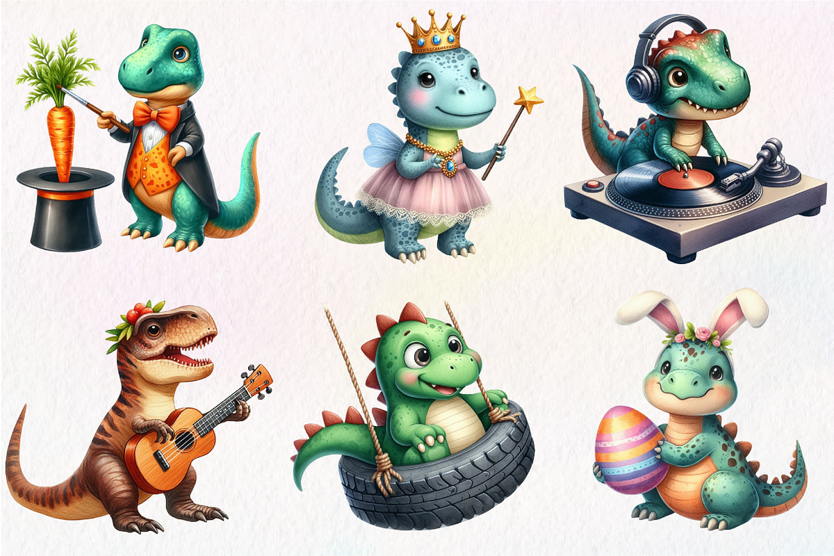 Watercolor Funny Dinosaurs Clipart, an Illustration by CreationArt (Photo 2 of 5)