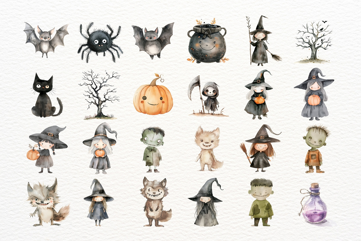 Watercolor Cute Halloween Cliparts =, an Illustration by Nicolle's Colorful Art (Photo 6 of 7)