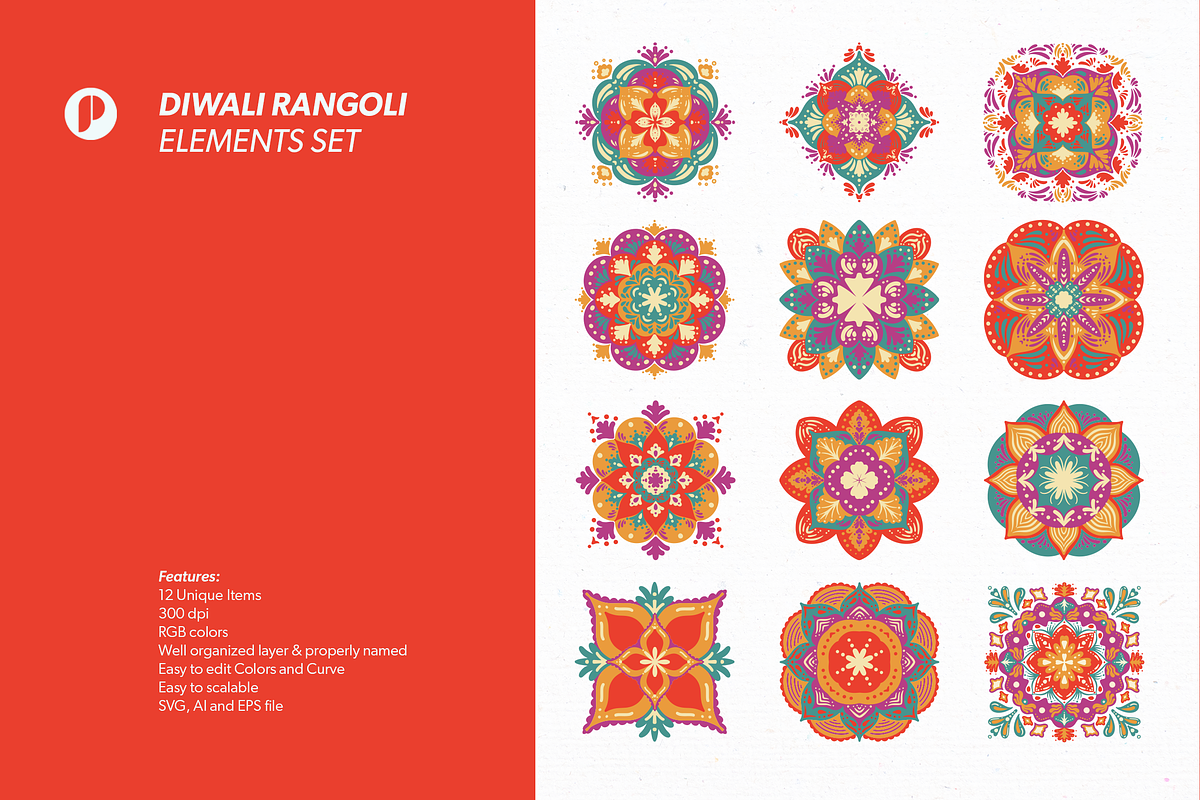 Diwali Rangoli Elements Set, an UI Kit Template by peterdraw (Photo 2 of 6)