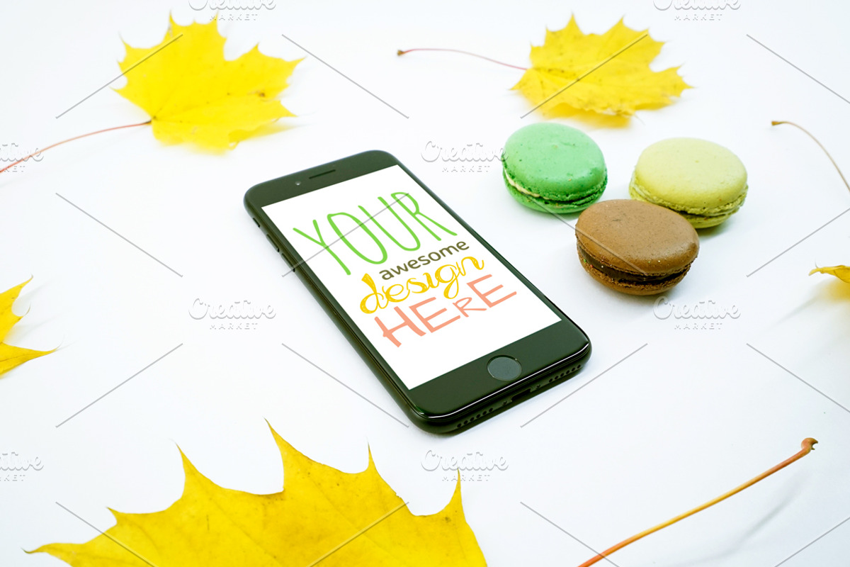 Mock-Up Phone 7 Autumn Macarons 9in1, an iPhone Mockup by EmilGuseinov (Photo 2 of 9)