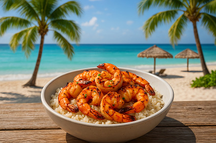 Grilled shrimp rice bowl garnished w