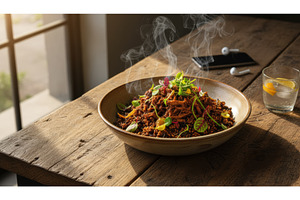 Steaming dish of pulled pork or beef, a Food & Drink Photo by Igor Tichonow