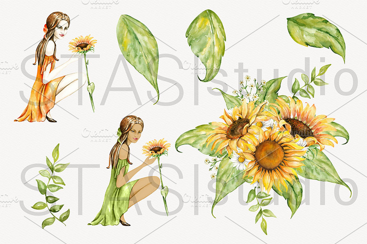 Watercolor Sunflower Girl Clipart, a Decorative Illustration by STASIstudio (Photo 2 of 3)