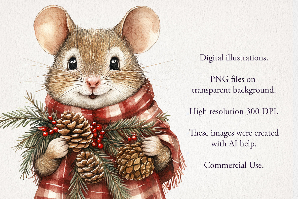 Christmas Mouse Clipart 29 PNG, a Seasonal Illustration by EleSArtDesign (Photo 3 of 4)