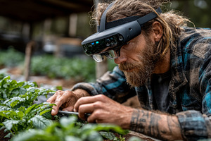 Man using augmented reality headset for agricultural monitoring in a greenhouse, a Photo by AS photostudio