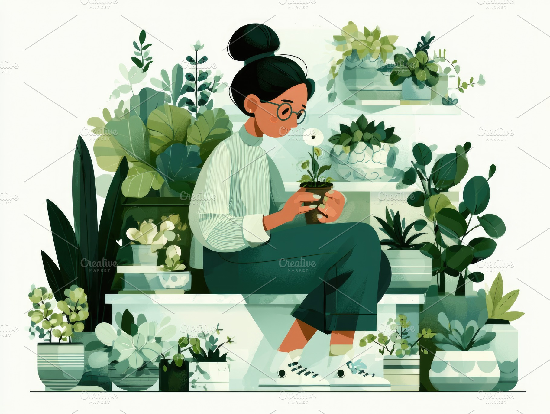 Woman holding small plant in indoor garden illustration, a Person Photo by José Manuel Gelpi