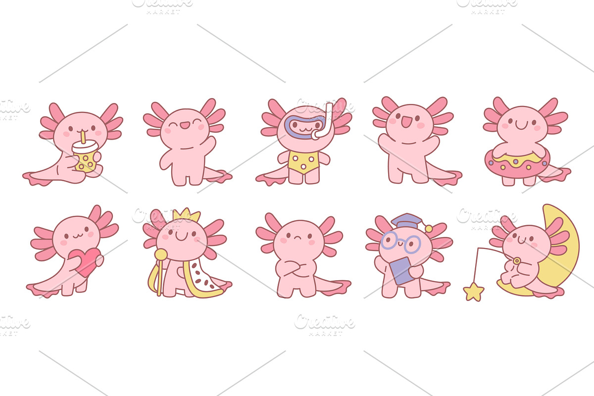 Pink funny axolotls. Kawaii animal, an Animal Illustration by YummyBuum