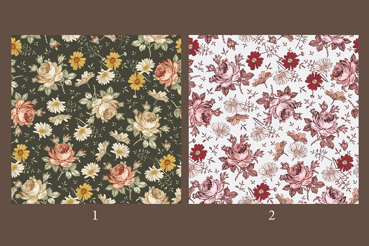 Set Seamless Flowers Roses Chamomile, a Pattern Graphic by Vintage (Photo 2 of 13)