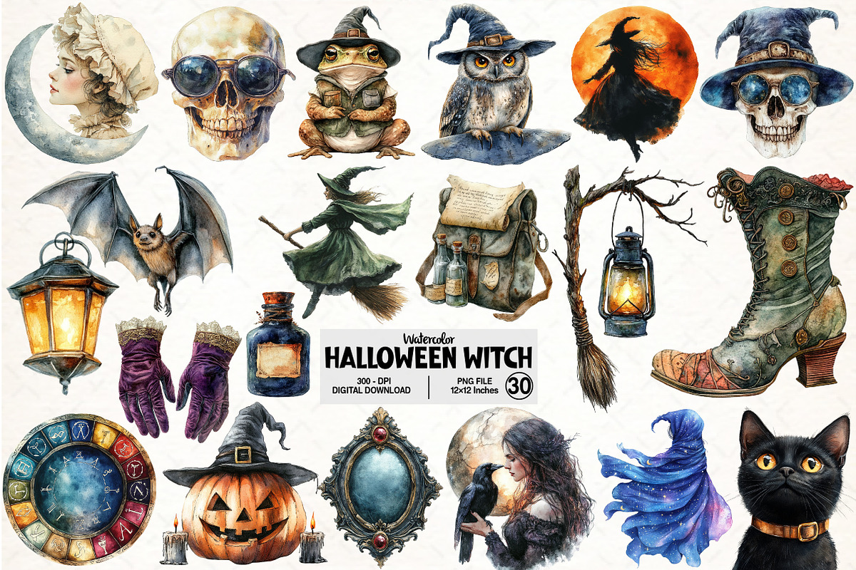 Watercolor Witch, Halloween Bundle, an Illustration by Pixels.Craft (Photo 1 of 7)