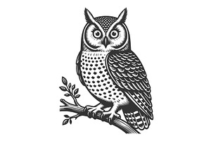 Owl Perched on Branch engraving, an Animal Illustration by AlexArt