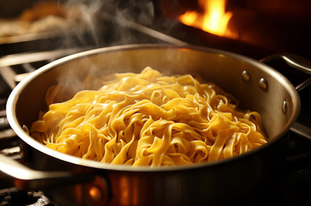 Pot with freshly cooked steaming pasta, a Food & Drink Photo by Natalia Klenova's Shop