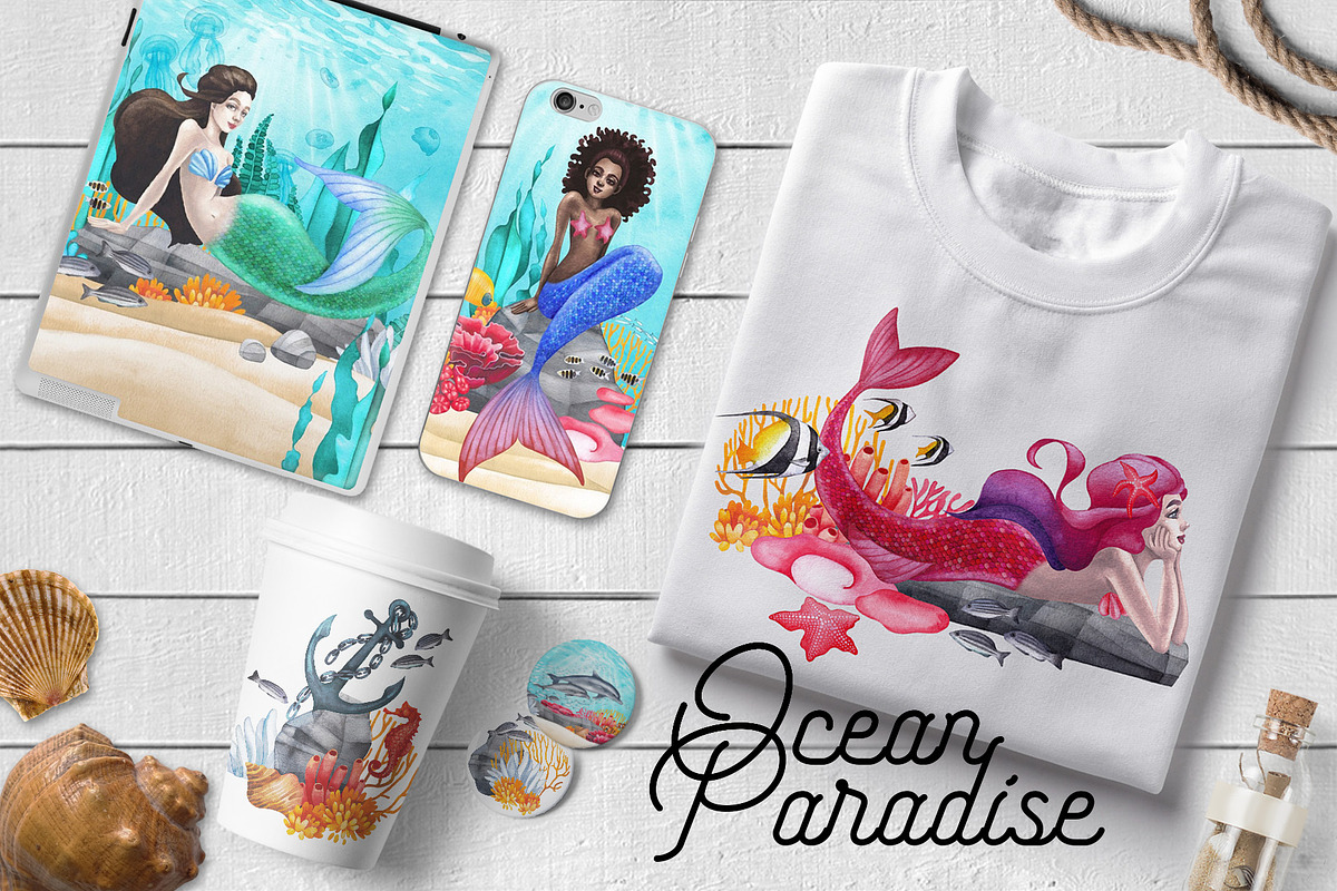 Ocean Paradise - watercolor mermaids, an Animal Illustration by Ekaterina Glazkova (Photo 5 of 14)