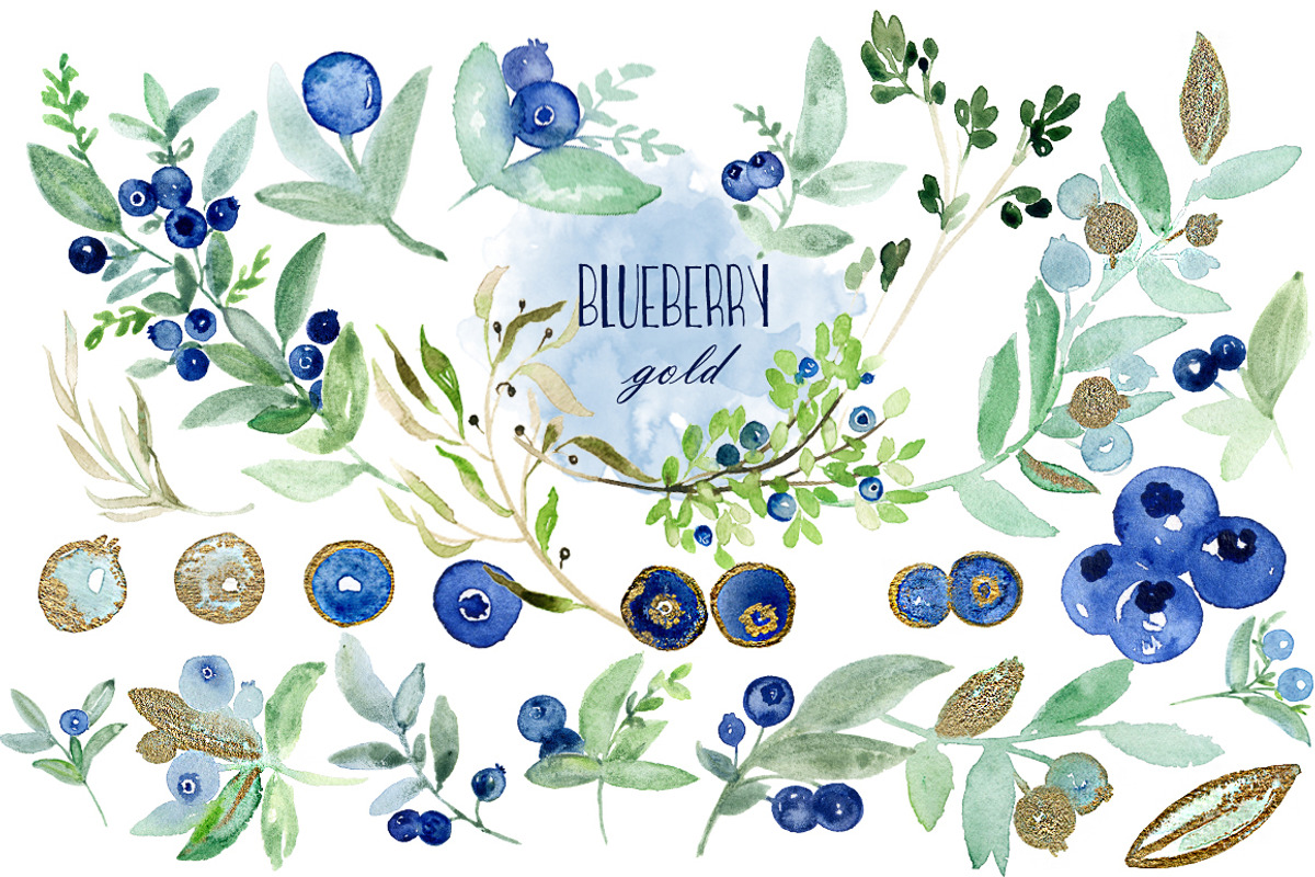 Blueberry gold. Watercolor clipart., an Illustration by LABFcreations (Photo 4 of 6)