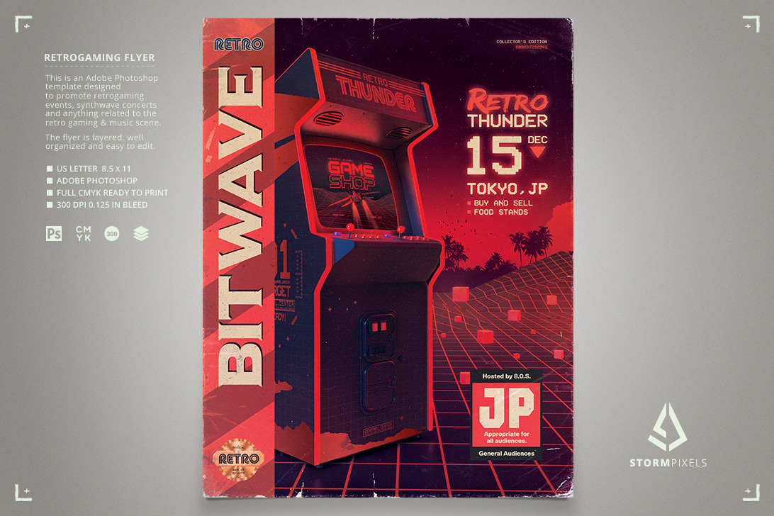 Retro Gaming Flyer 80s Arcade Cover, a Flyer Template by Storm Pixels