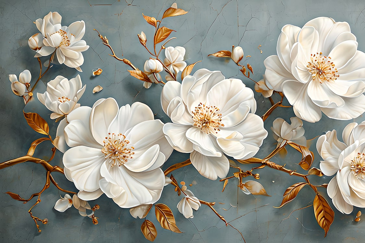 Golden branches and white blossoms, an Illustration by Liubovi Samoilova SHOP