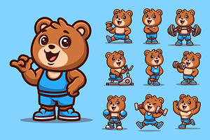 Fitness Bear Cartoon Character Bundl, an Animal Illustration by Gumrega Studio