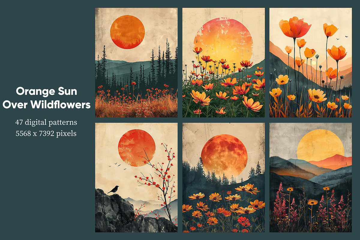 Orange Sun Over Wildflowers, a Decorative Illustration by Housui Patterns (Photo 5 of 8)