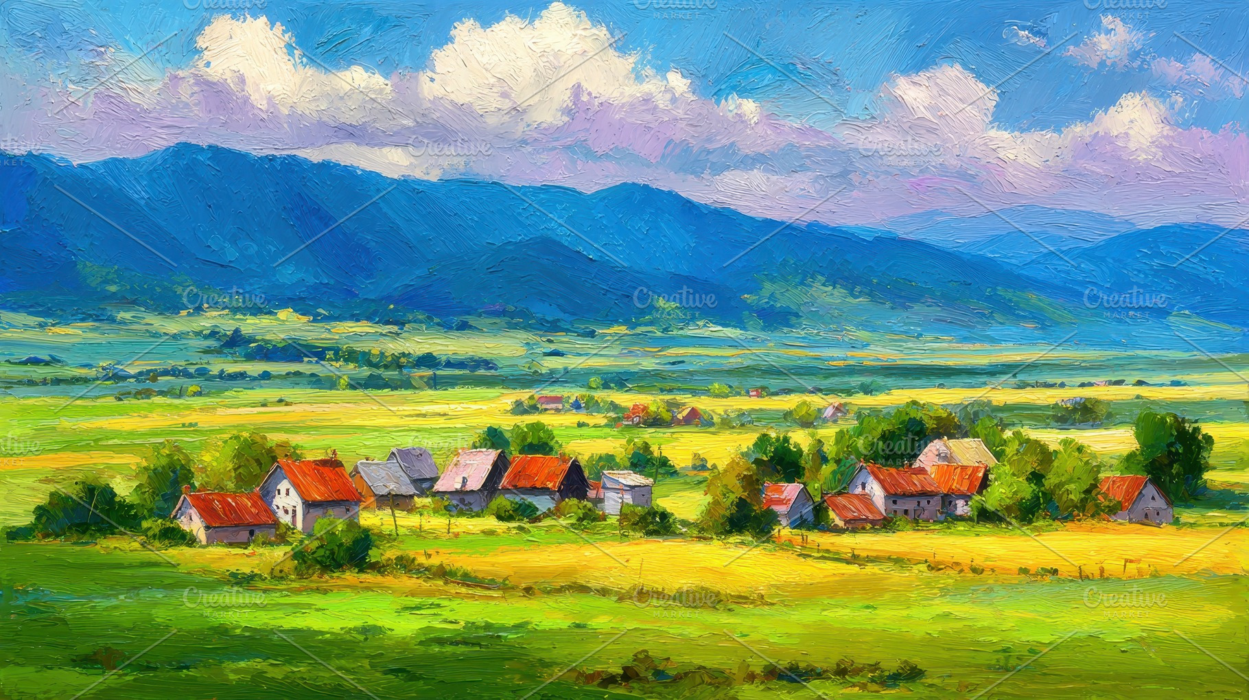 A village sits in a green valley, a Photo by Pavel_design