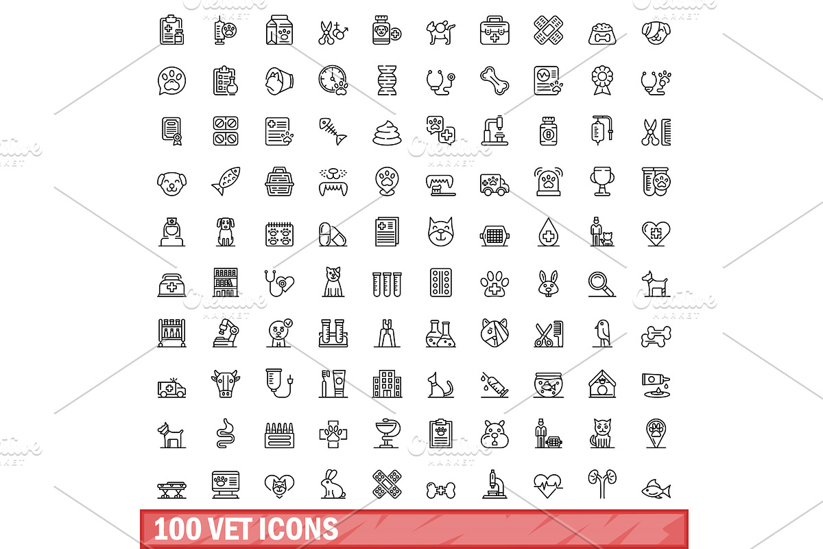 100 vet icons set, outline style, an Object Illustration by Ylivdesign