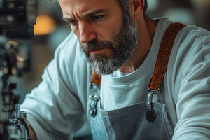 A focused craftsman garment technologist working on a sewing machine in a works, a Person Photo by Textures & Backgrounds