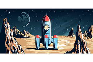 Rocket stands on a distant moon with