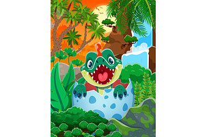 Cartoon dino kid in egg shell, an Animal Illustration by Vector Tradition