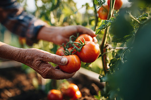 Harvesting ripe tomatoes in a sunlit garden during the peak growing season, a Food & Drink Photo by AlyaAnd