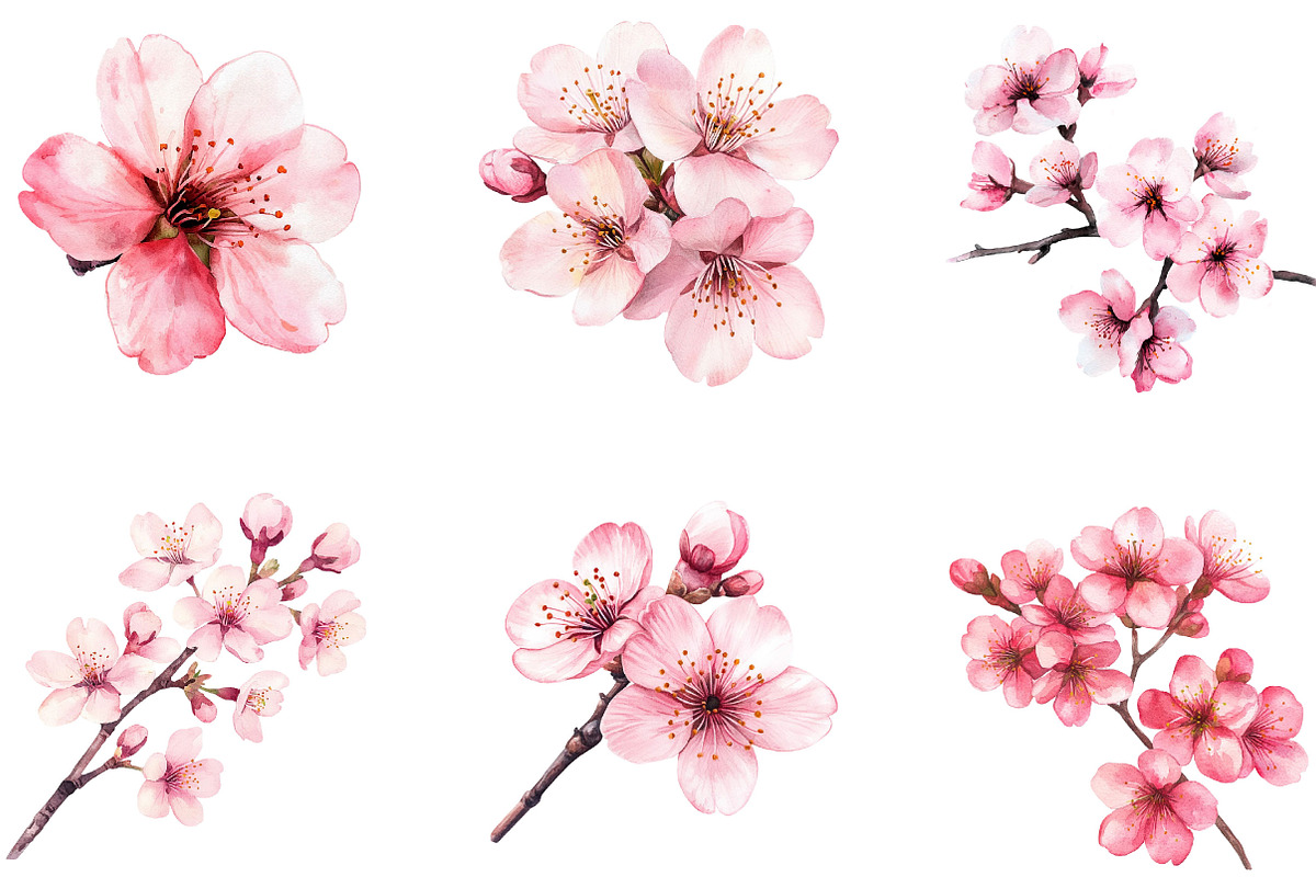 Watercolor Cherry Blossom Clipart, an Illustration by Designking (Photo 4 of 5)