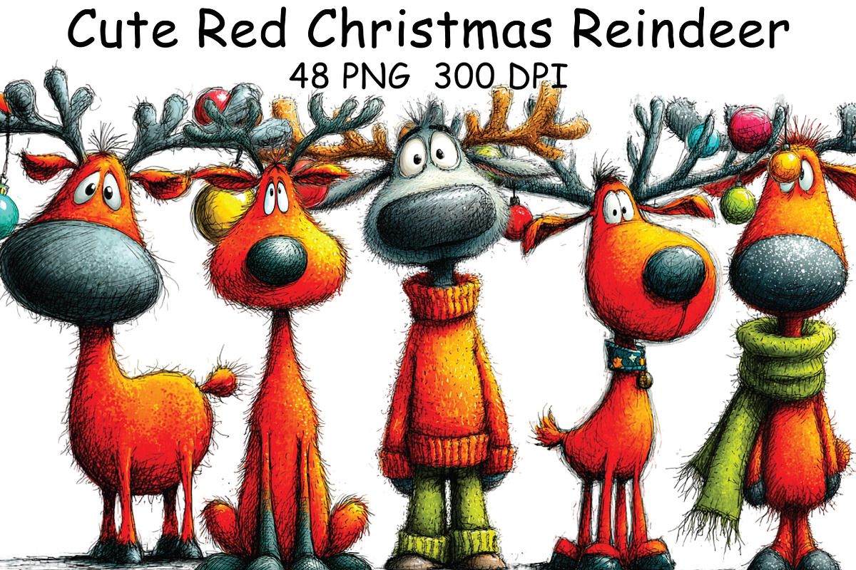 Cute Red Christmas Reindeer Clipart, an Illustration by CraftArtStudio (Photo 1 of 6)