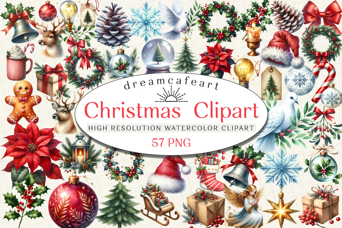Watercolor  Christmas  Clipart, an Illustration by DreamCafeArt (Photo 1 of 8)