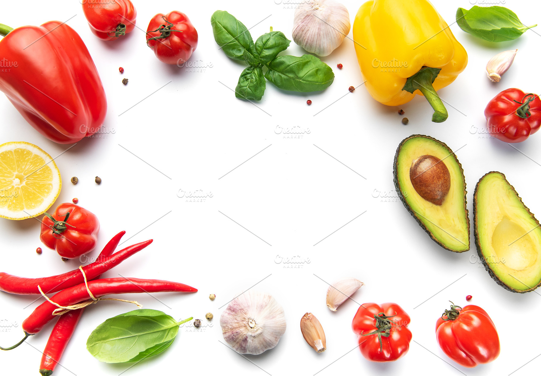 Fresh vegetables and herbs creating white copy space background, a Food & Drink Photo by Olena Rudo