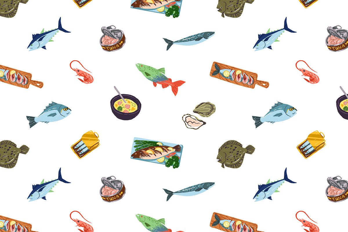 Seafood, fish set + seamless pattern, a Food Illustration by PaperTrident (Photo 3 of 3)
